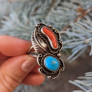 Vintage Navajo Coral & Turquoise ring 7 Native Sterling Silver
